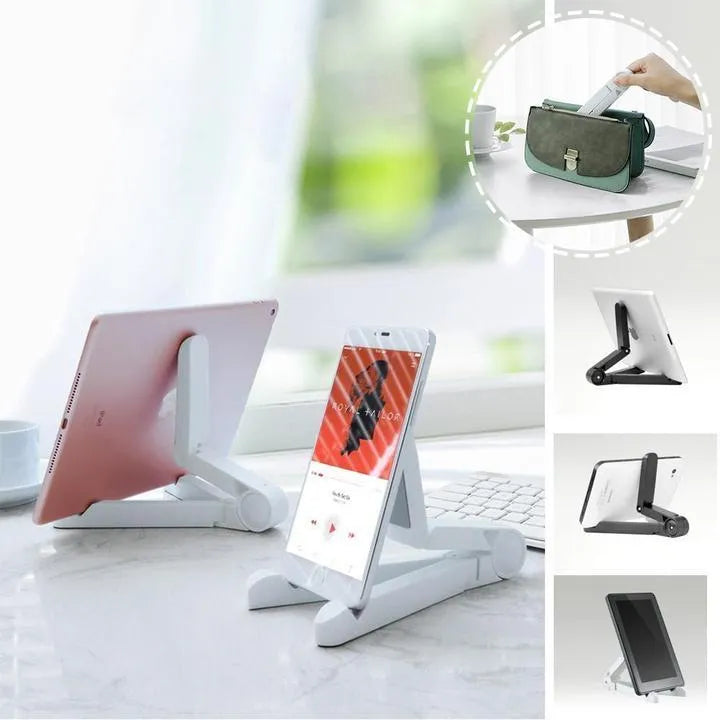 Black foldable aluminium tablet holder showing adjustable stand in open and closed positions on a desk.