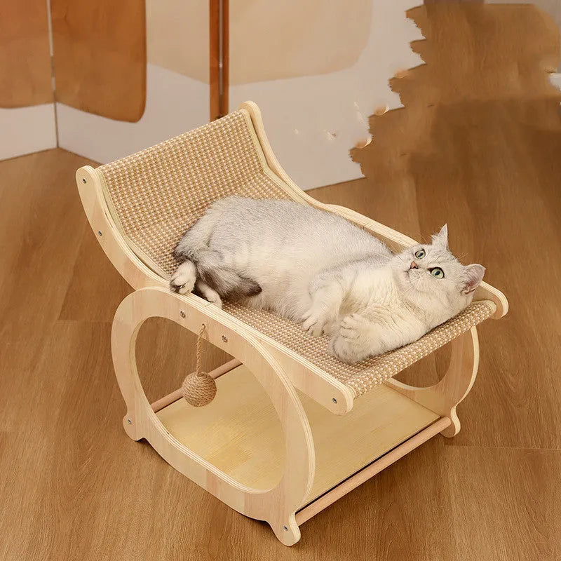 Solid wood cat scratcher and bed with sisal scratching surface in walnut colour