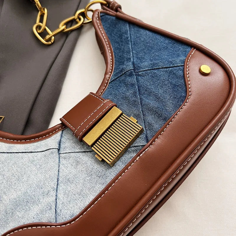 Brown denim women's shoulder bag with diamond mesh overlay and chain detailing
