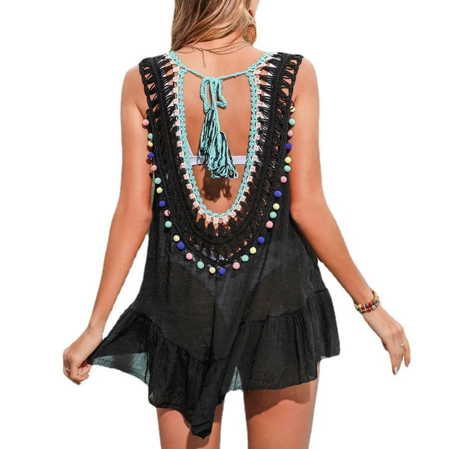 Black hand-crocheted acrylic beach cover-up vest with ruffled cut-out details