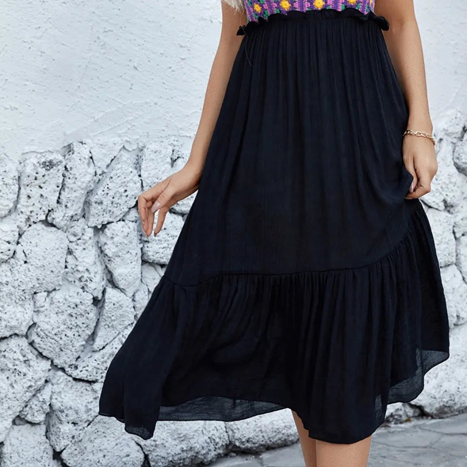 Purple sleeveless dress with hand-hooked floral embroidery pattern on cotton blend fabric