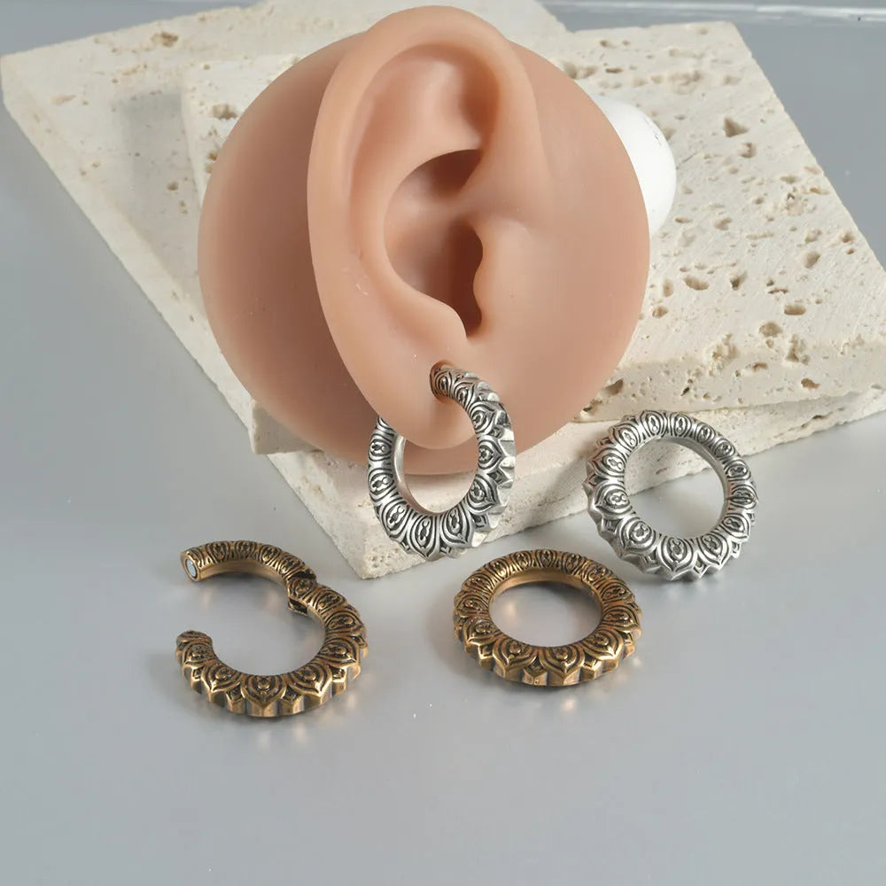 Geometric alloy earrings with retro hollow out design in antique silver dragon finish