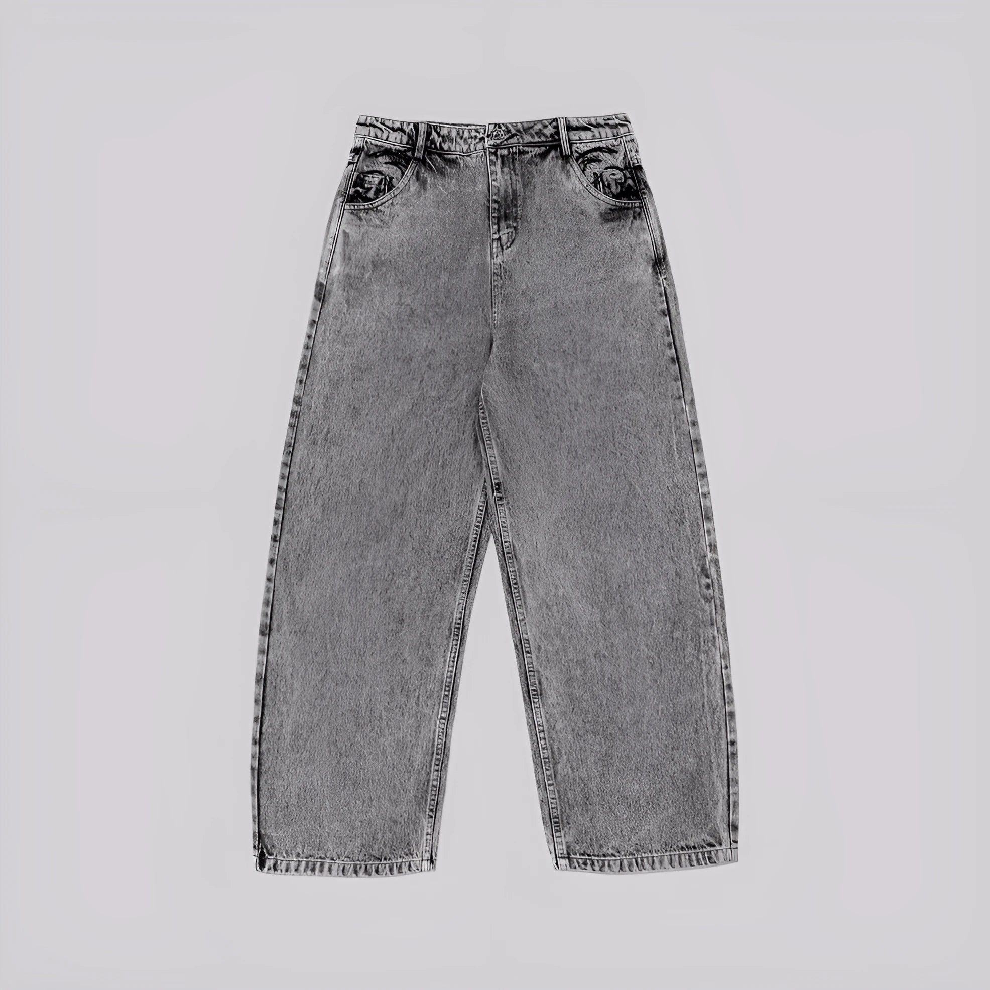 Grey loose straight-leg denim trousers on hanger showing mid-waist design and cotton fabric texture