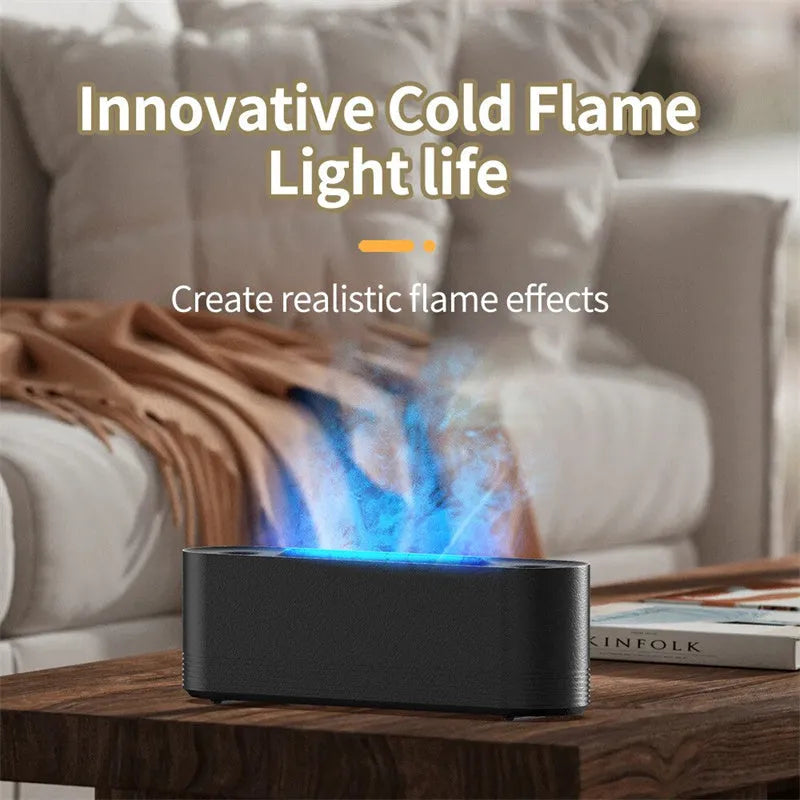 Black or white Flame Air ultrasonic humidifier and aroma diffuser with 7-colour LED lights on.