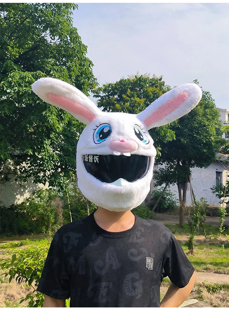 White rabbit head helmet cover with long ears for electric motorcycle commuting