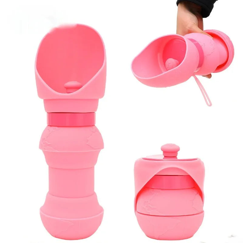 Collapsed and opened views of a silicone pet folding water cup in various colours