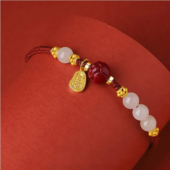 925 silver women's bracelet with Hetian jade, cinnabar red rope and adjustable chain