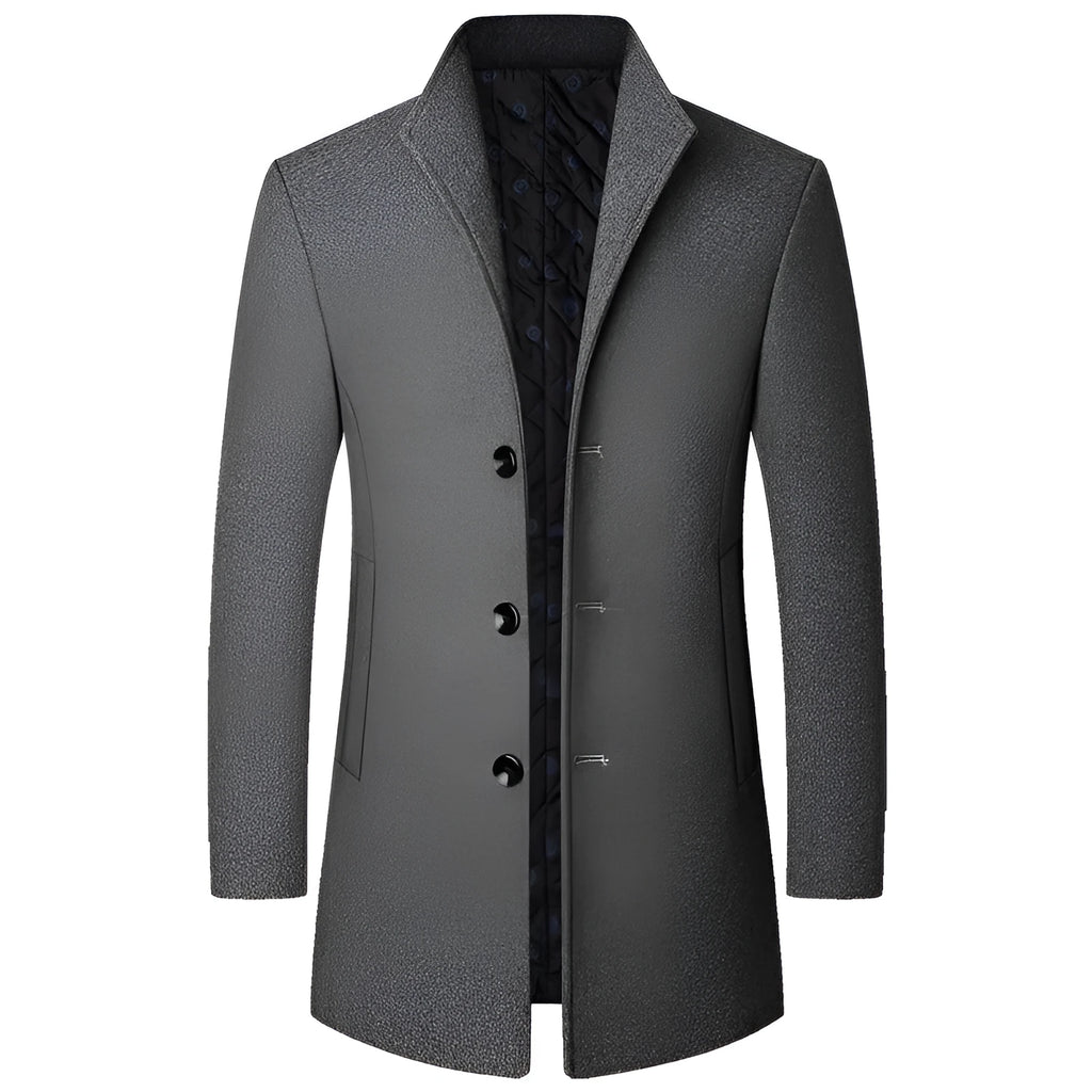 Men’s solid colour wool blend light business coat available in black, grey, wine red, coffee, blue, sizes M to XXXL