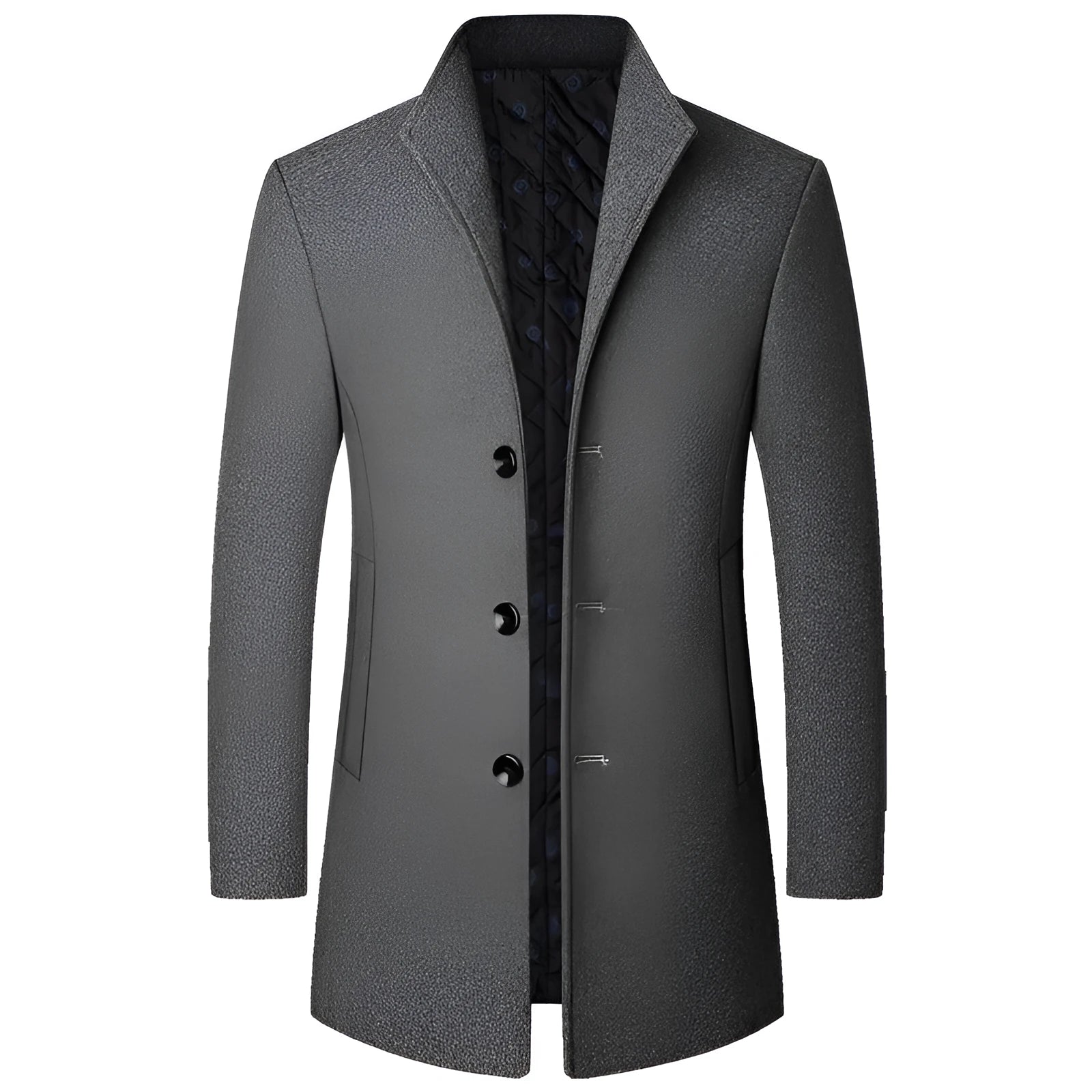 Men’s solid colour wool blend light business coat available in black, grey, wine red, coffee, blue, sizes M to XXXL