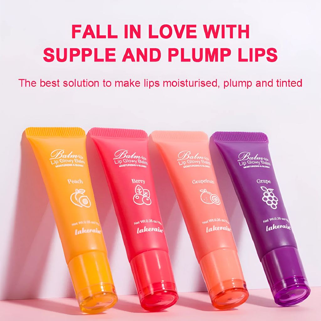 Women's lip gloss tube in one of four flavours: berry, grape, grapefruit, or yellow peach.