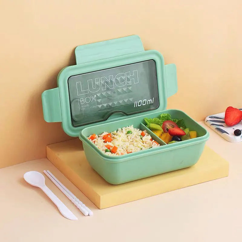 Four-layer partitioned bento lunch box in Nordic style with green, red, and yellow colour options