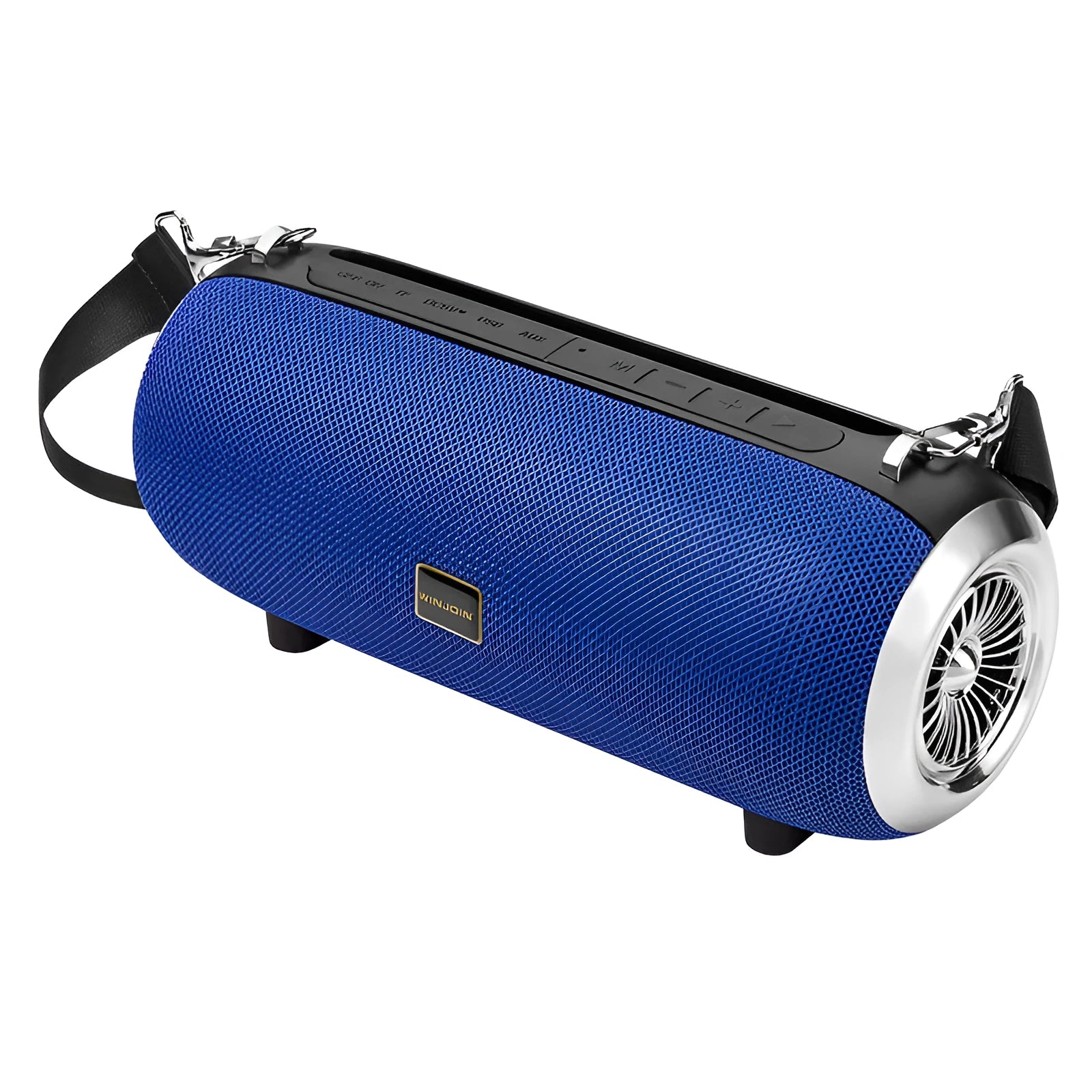 F666 Mini portable Bluetooth speaker with fabric mesh finish, shoulder strap, and standing next to a mobile phone.