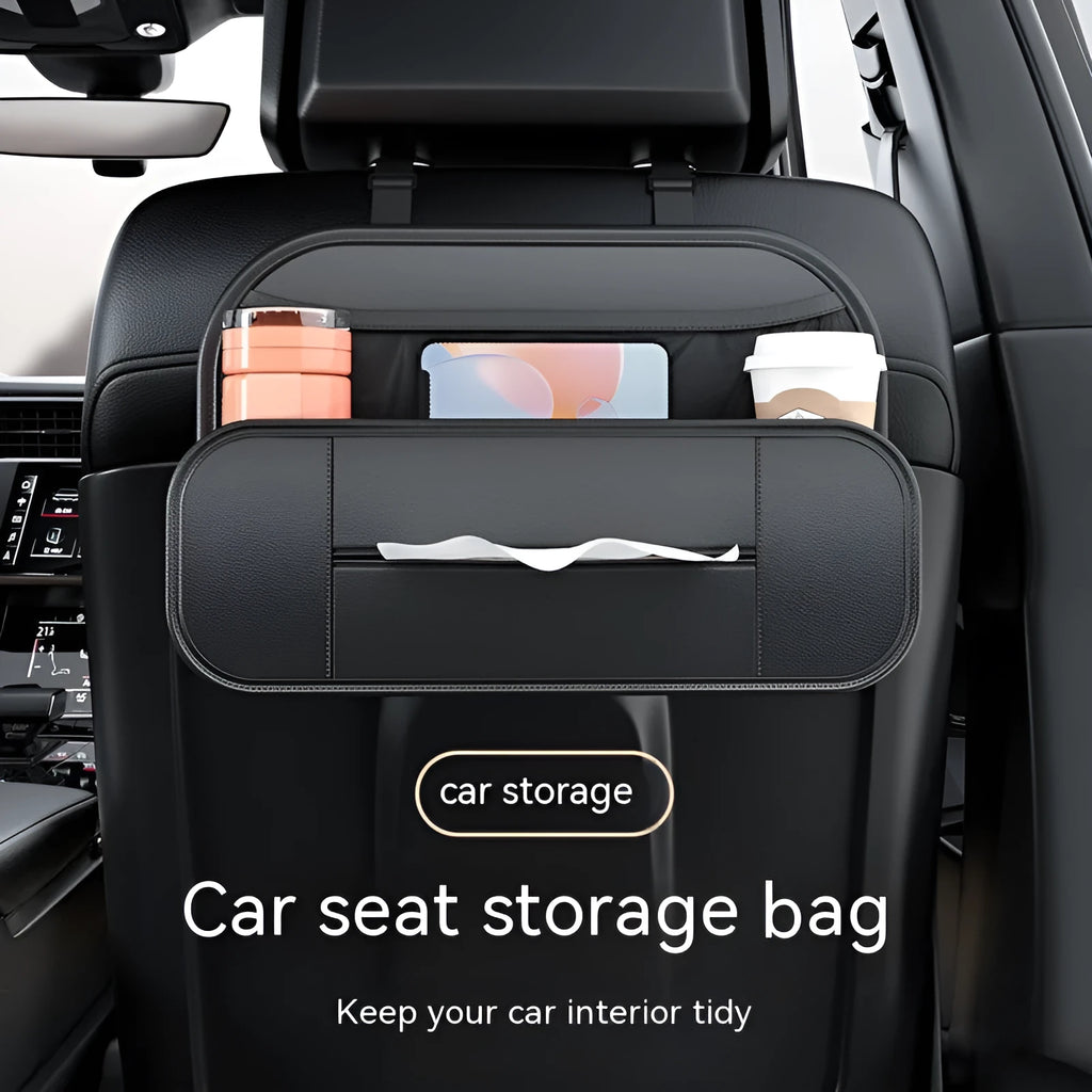 Black leather car seat rear storage bag showing 36cm width measurement