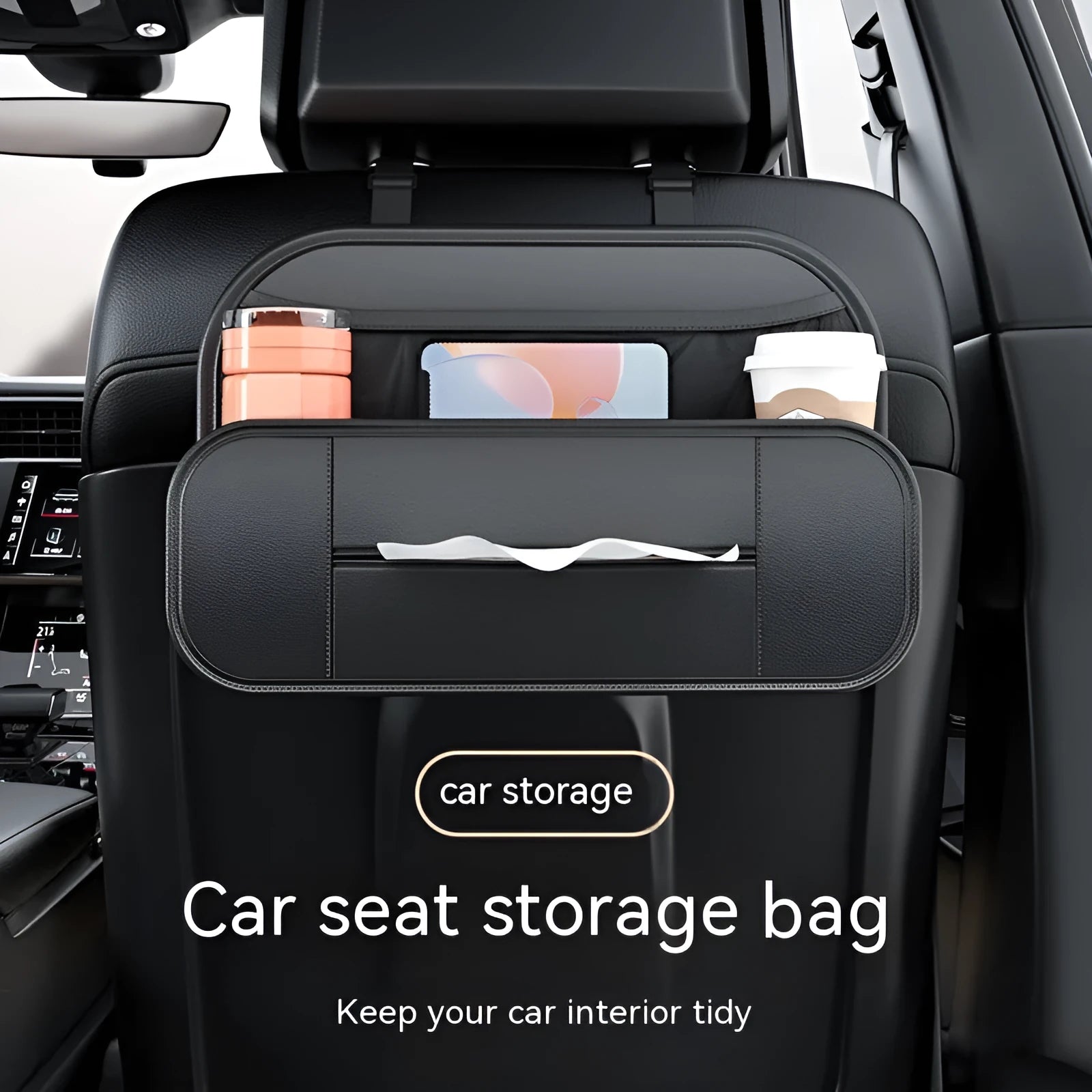 Black leather car seat rear storage bag showing 36cm width measurement