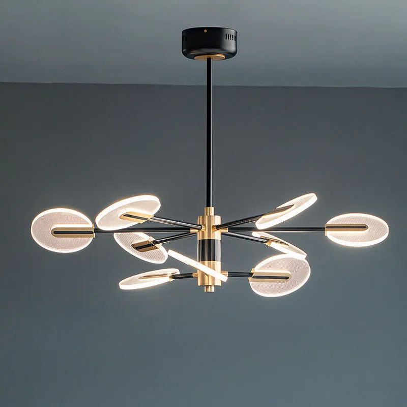 Nordic style iron and acrylic LED chandelier pendant lamp with multiple heads for ceiling mounting.