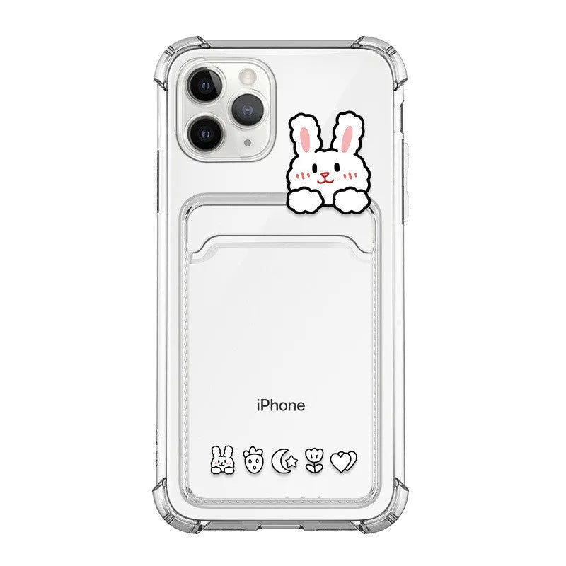 Clear cartoon design TPU phone case with a credit card slot for Apple iPhone.