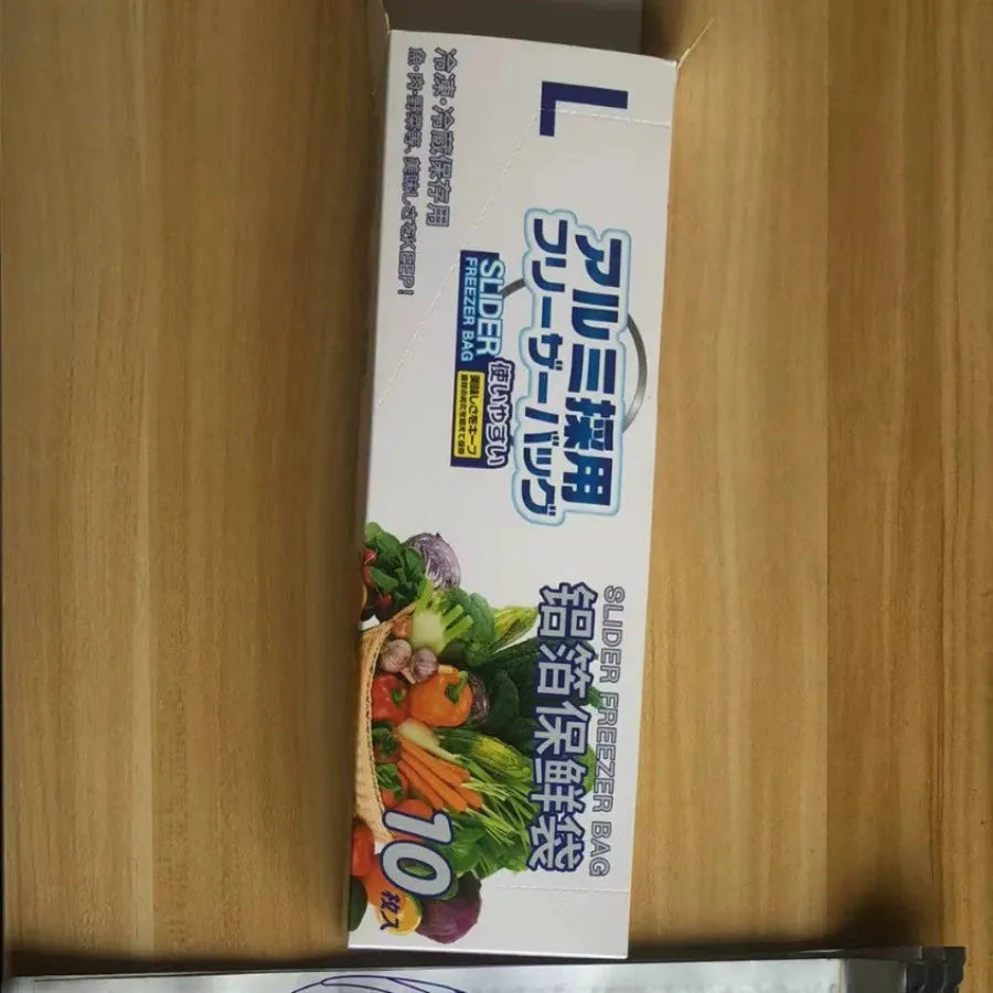 Pack of 10 aluminium foil sealed bags in small, medium, and large sizes for food storage.