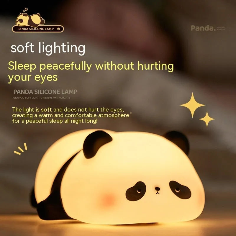 Panda head night light with silicone construction showing clap controls and USB charging port