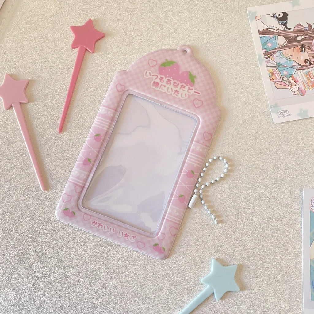 PVC cartoon meal card holder with strawberry or four leaf clover design for 3-inch cards