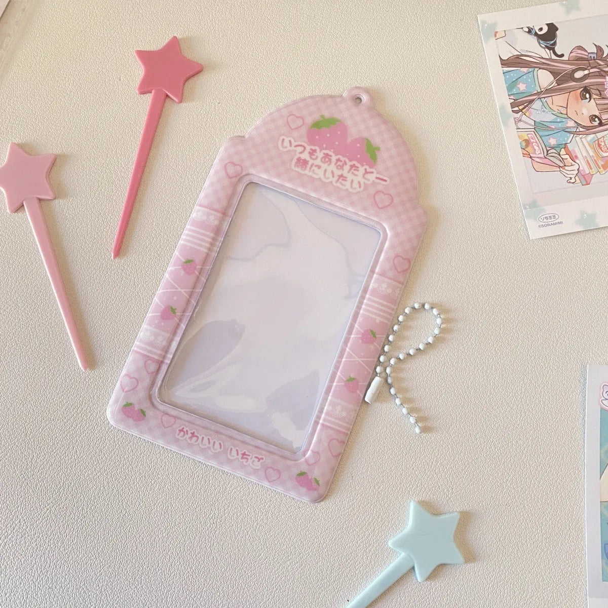 PVC cartoon meal card holder with strawberry or four leaf clover design for 3-inch cards
