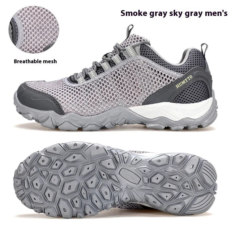 Breathable lightweight non-slip outdoor climbing boots with leather mesh upper and MD sole in sand colour for men