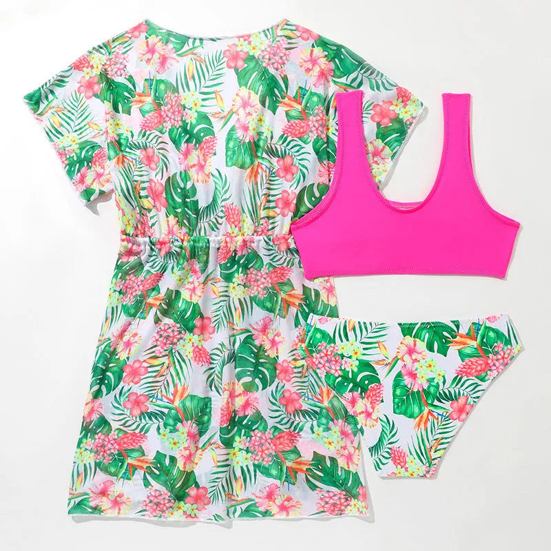 Girls' floral print two-piece swimsuit in briefs style for swimming sports