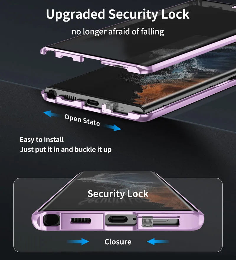 Metal magnetic phone case for Samsung S24 Ultra with a built-in peep-proof mirror in multiple colours.