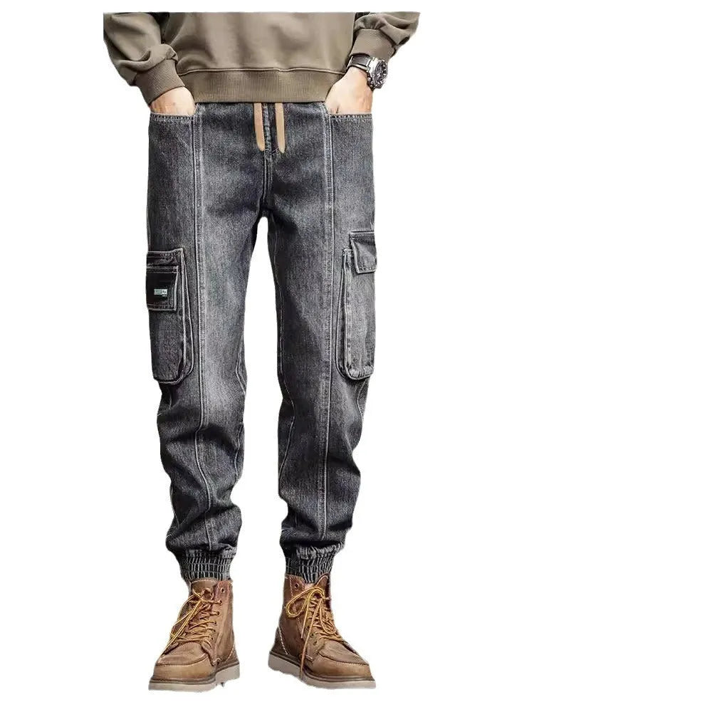 Men’s retro ankle-tied denim jeans in retro colour, mid-waist skinny fit with elastic waist