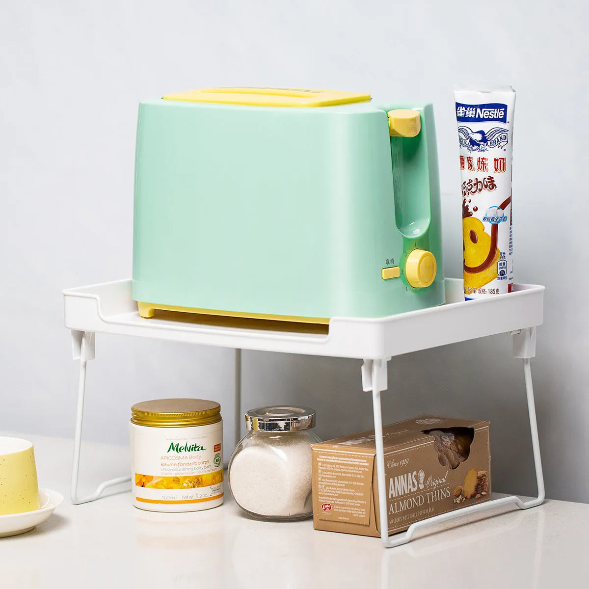 Transparent or white plastic kitchen supplies rack organiser for desktop or cupboard storage