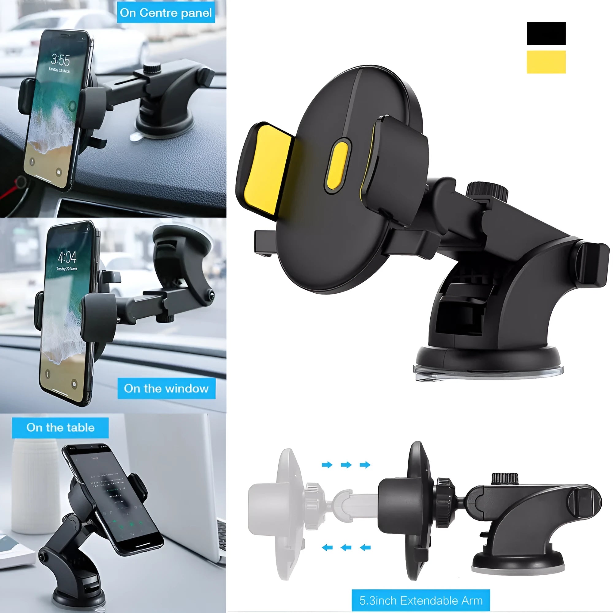 Yellow and black telescopic car phone holder with gel suction cup mounted on dashboard