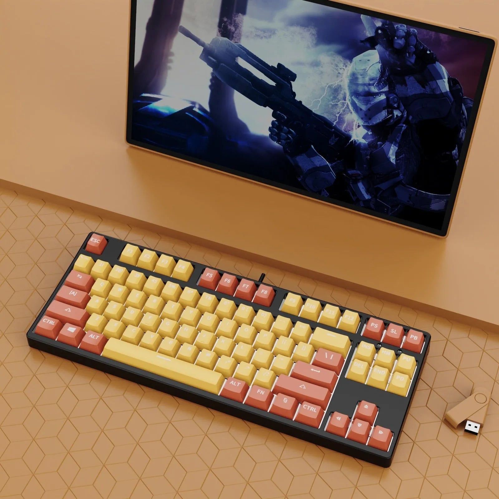 87-key tenkeyless mechanical keyboard in a dual-colour keycap design with metal frame