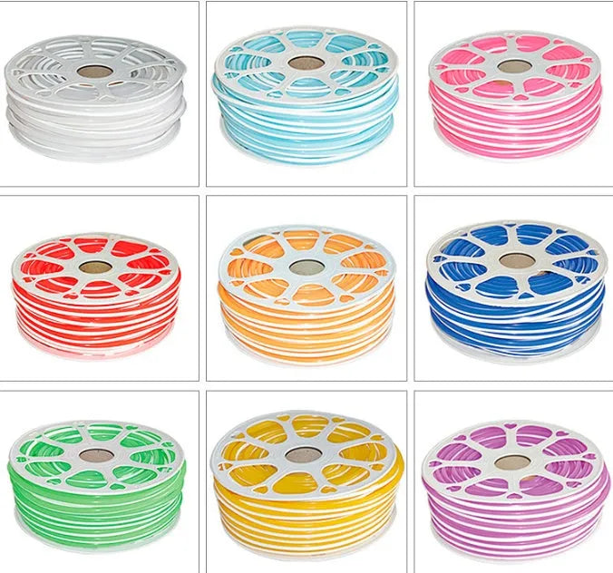 Split silicone neon light band roll showing flexible 8mm width and nine colour options