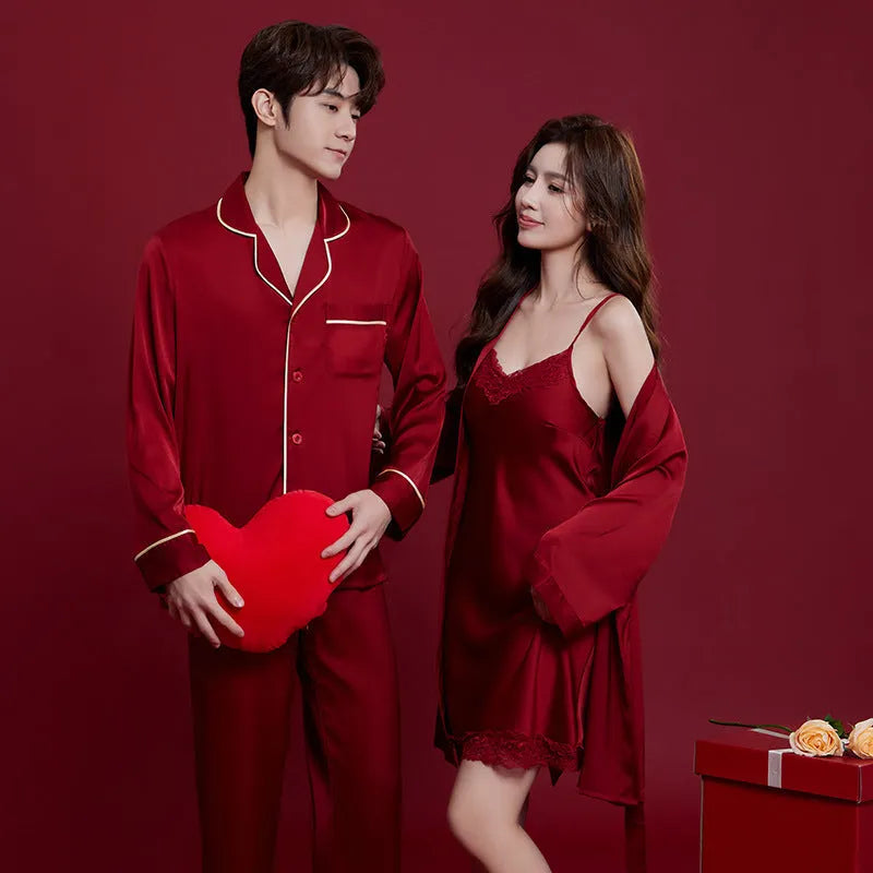 Red silk pyjama set for men and women with long sleeves