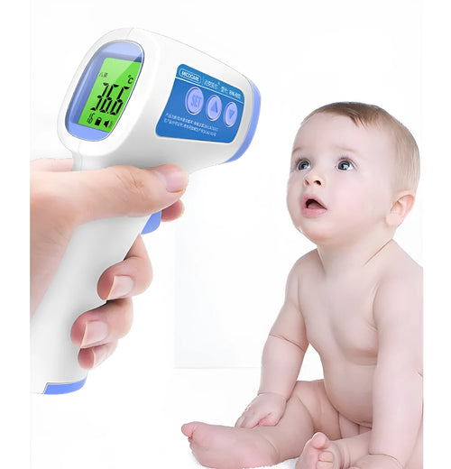 White non-contact infrared forehead thermometer on a blue background with LCD screen