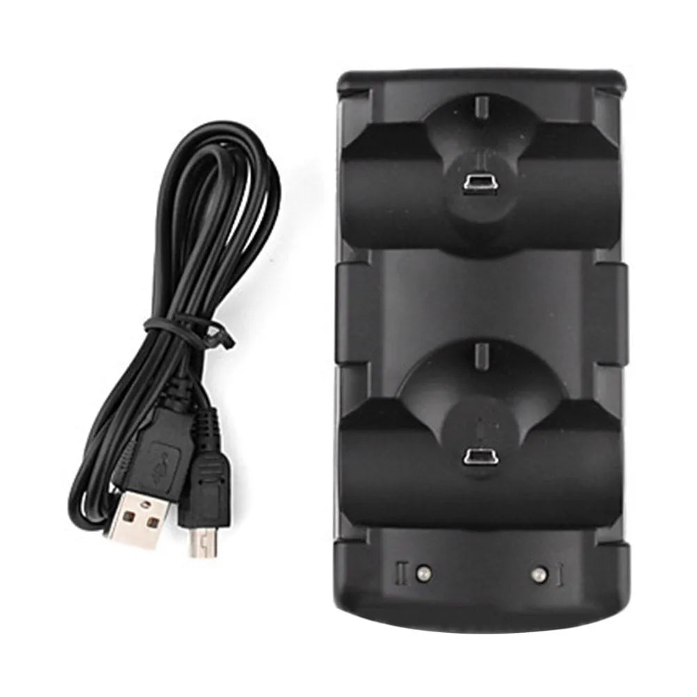 Black PS3 dual controller charging dock station with USB cable, shown charging two wireless controllers.