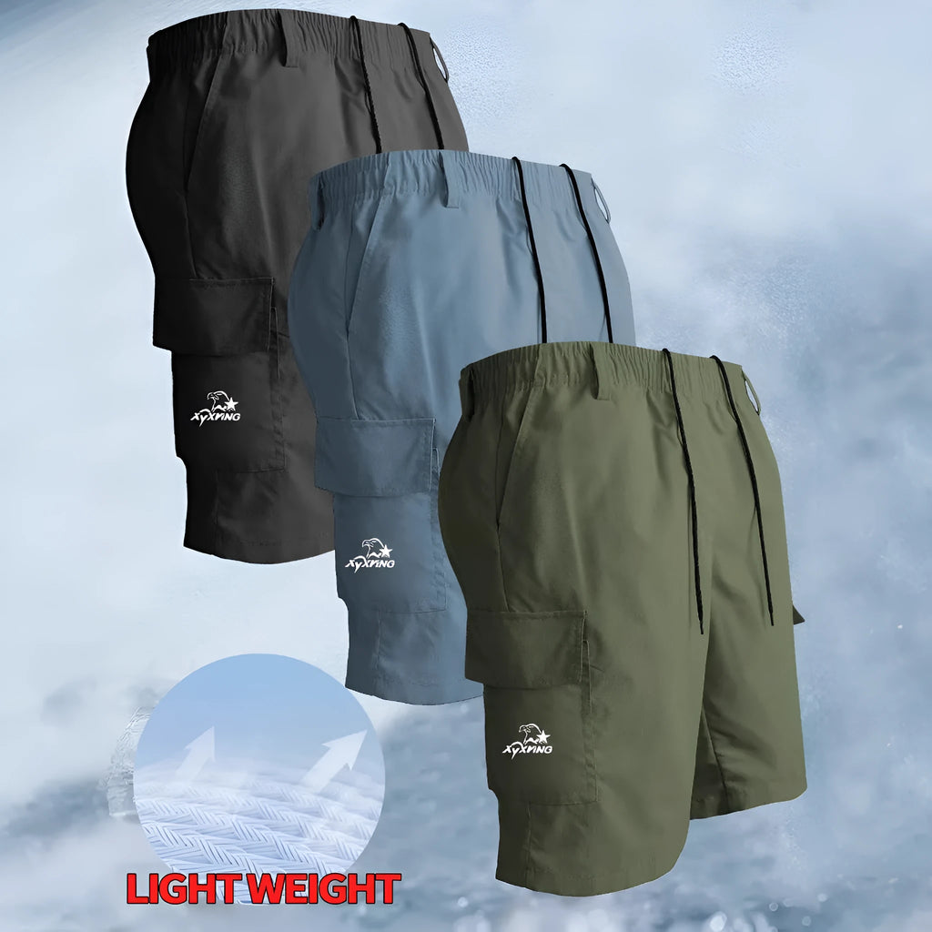 Men's straight-leg sports shorts in micro-elastic polyester fabric showing four colour options