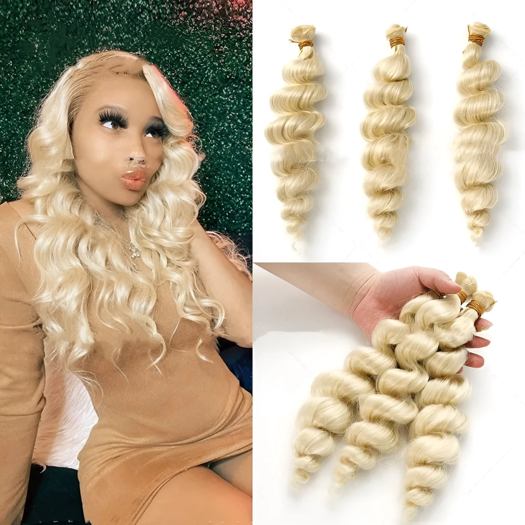Golden long synthetic wig for women on a stand, showing hair weft construction