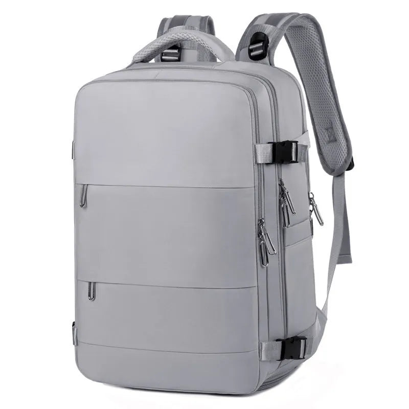 Large purple waterproof travel backpack for women with multiple compartments and an air pillow belt strap.