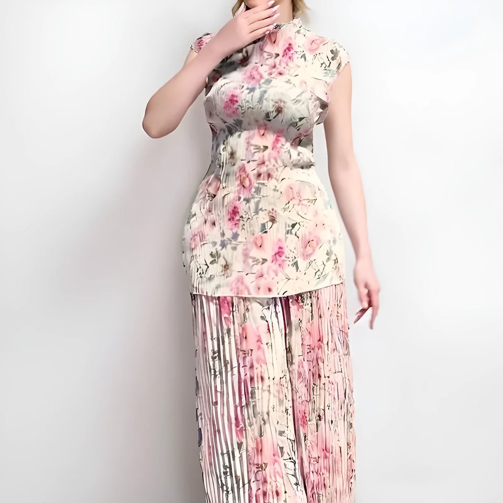 Printed chiffon dress set with matching top showing high waist design and long sleeves