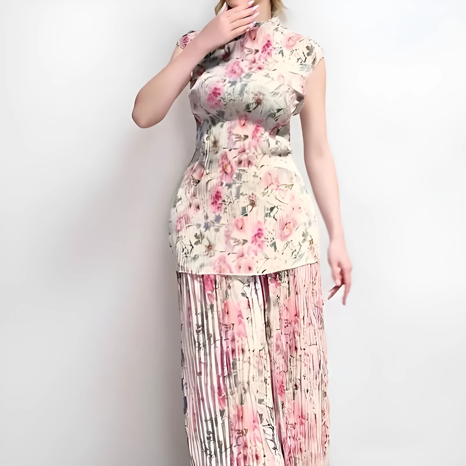 Printed chiffon dress set with matching top showing high waist design and long sleeves