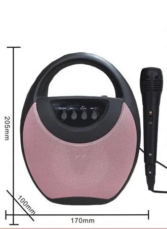 Portable Bluetooth speaker with plastic casing shown in black, blue and pink colour options