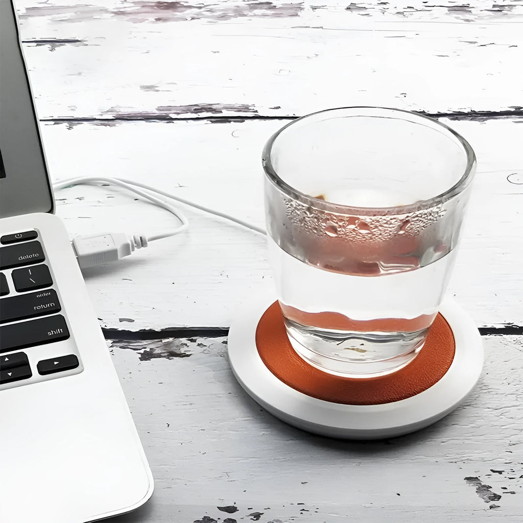 Black USB heating coaster for mugs with PU leather surface keeping drink warm