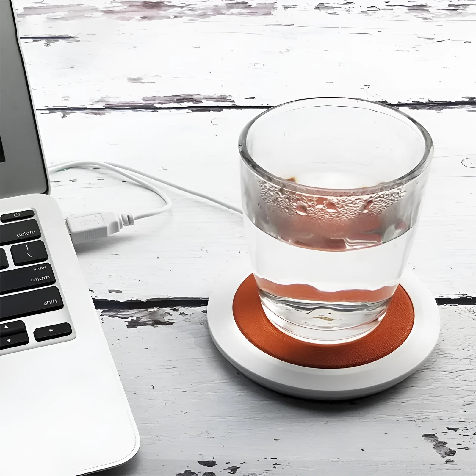 Black USB heating coaster for mugs with PU leather surface keeping drink warm