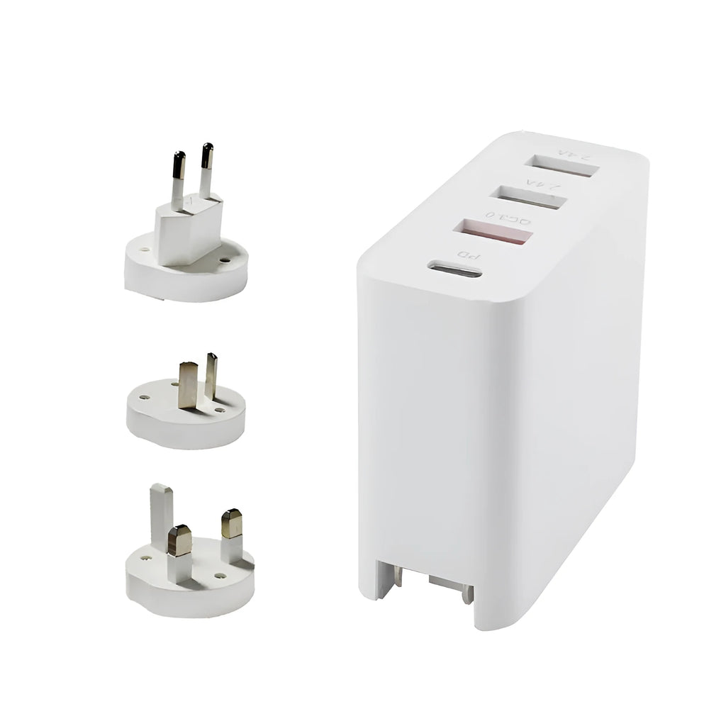 Four-port USB-C PD wall charger with international plug adapters in black or white