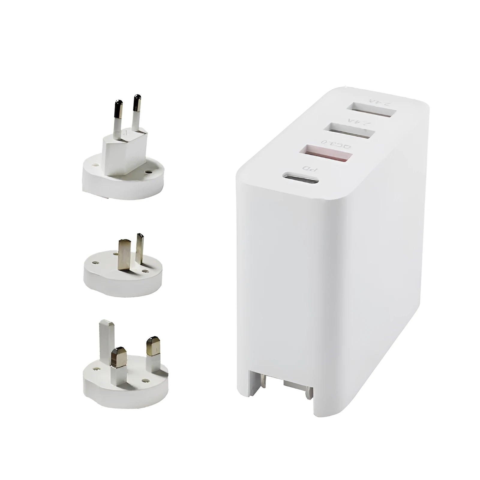 Four-port USB-C PD wall charger with international plug adapters in black or white