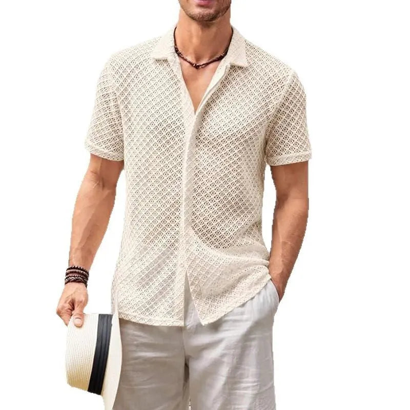 Men's short sleeve lapel shirt in cotton blend fabric with mesh summer styling