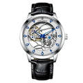 Men's silver mechanical watch with white dial, blue hands, and black genuine leather strap