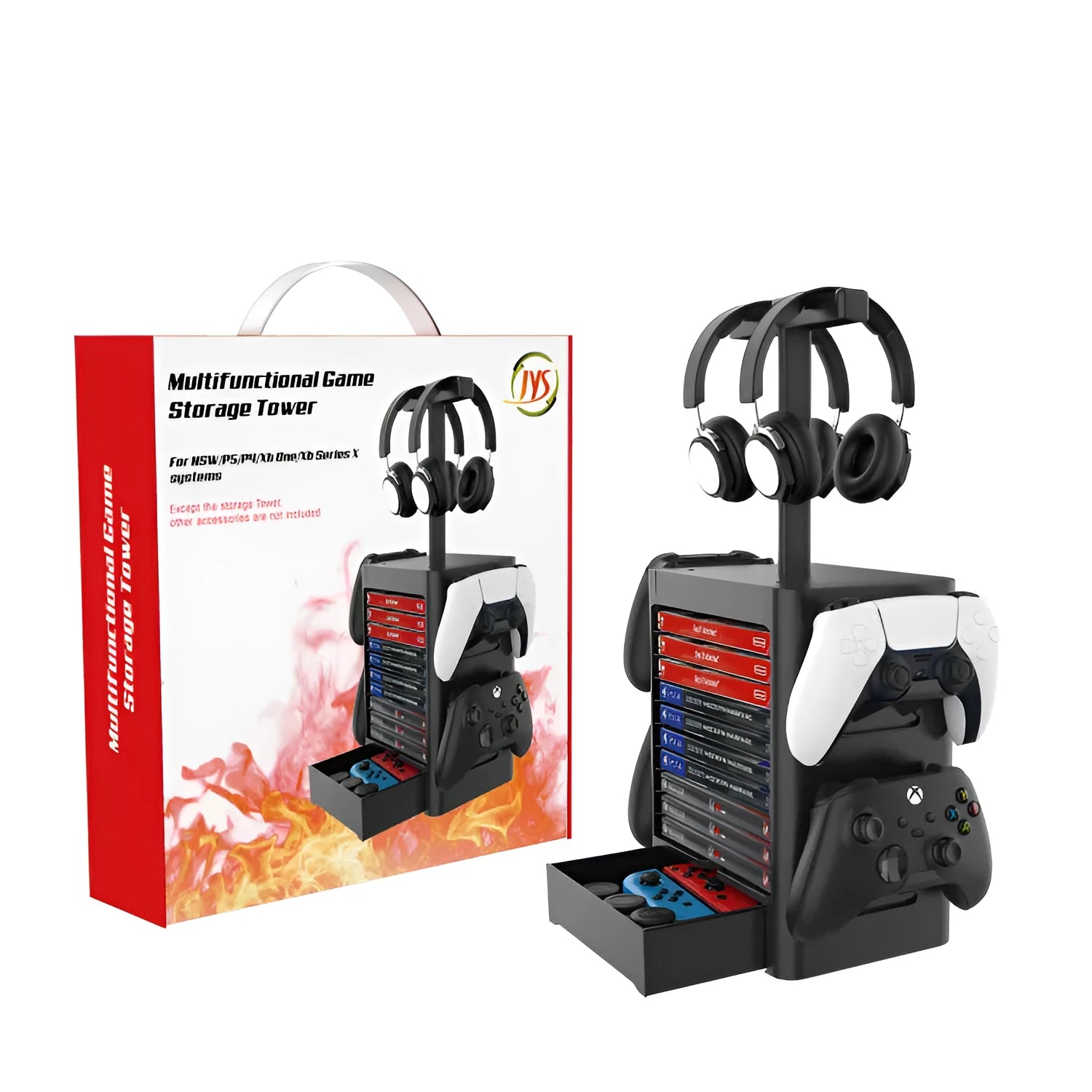Black gaming console accessories storage rack holding controllers and headphones with a pull-out drawer.