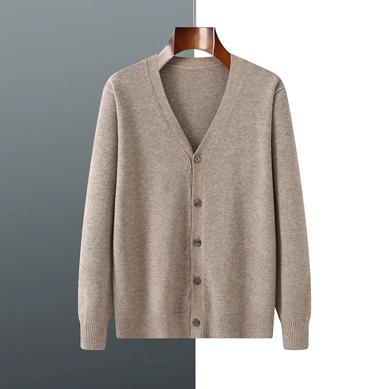 Men's loose V-neck cardigan coat in Andy velvet fabric, shown in beige colour.