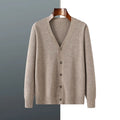 Men's loose V-neck cardigan coat in Andy velvet fabric, shown in beige colour.